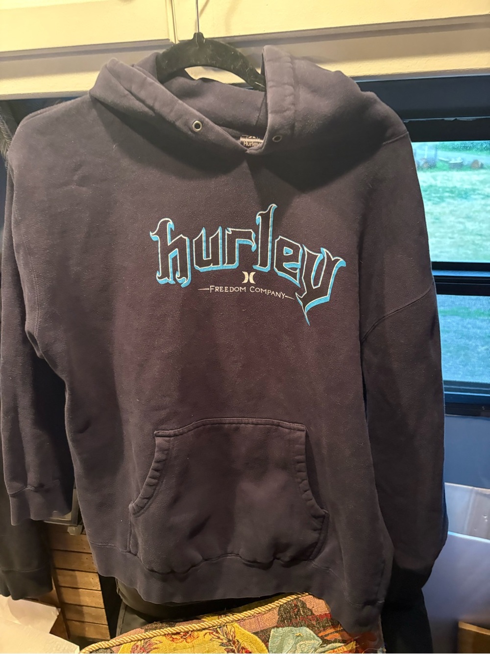 Hurley Men's Dark Navy Crewneck Hoodie with Light Blue Logo